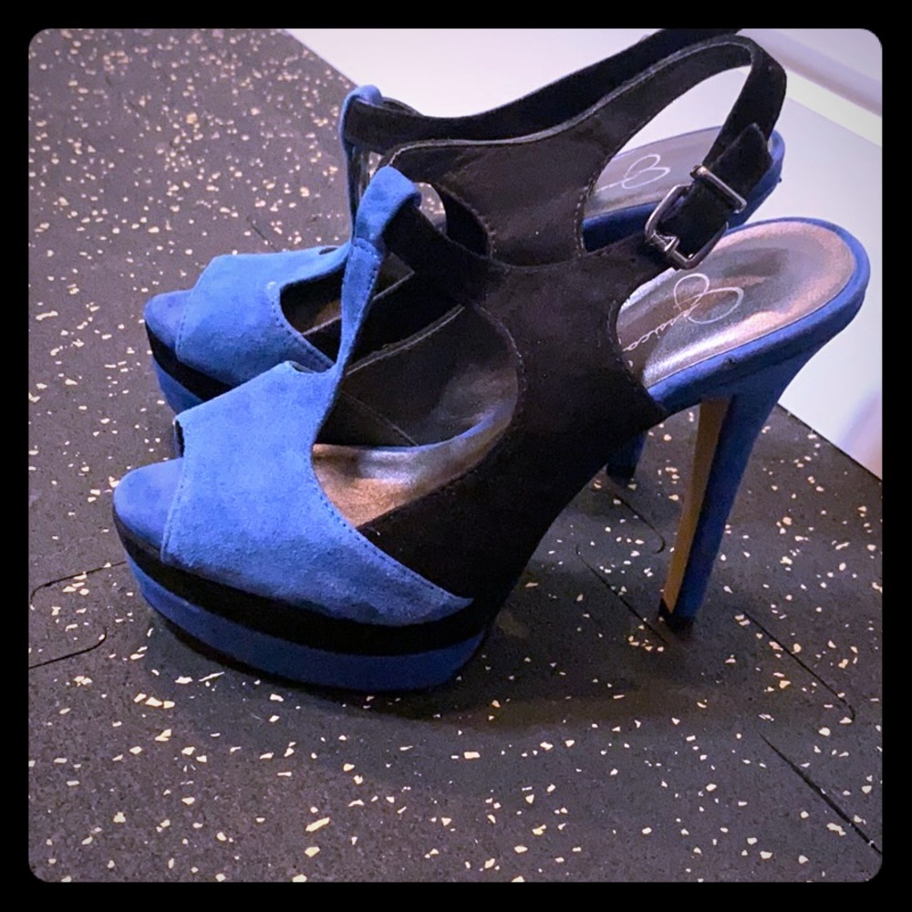 Black & blue t strap stilettos